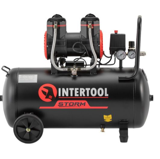 Компрессор 50 л, 1.5 кВт, 220 В, 8 атм, 250 л/мин, 2800 об/мин, безмасляный, 2 цилиндра INTERTOOL PT-0035