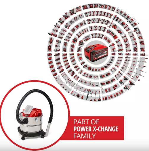 Пилосос для золи акумуляторний  Einhell TE-AV 18/15 Li C (2351700) X-Change (без акум.), 18В, бак 15л, 100 мбар, шланг 1.2м, ролики