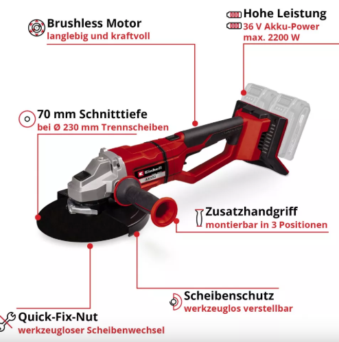 Машина шліф.кутова акумуляторна Einhell AXXIO 36/230  X-Change (без акум.), 36В, 230 мм, безщітковий двигун, плавний пуск, 8500 об/хв, акумулятори від 3 А*г, швидкозатискна гайка, поворотне руків'я (4431160)