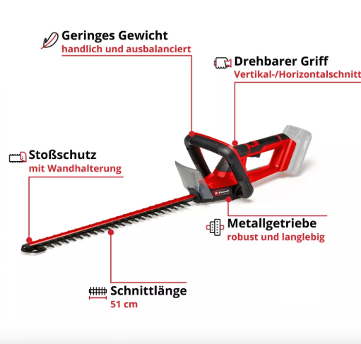 Акумуляторний кущоріз Einhell GC-CH 18/50 Li Solo 18В, лезо 550 мм, довжина різу 500 мм, між ножами 17 мм, поворотна ручка