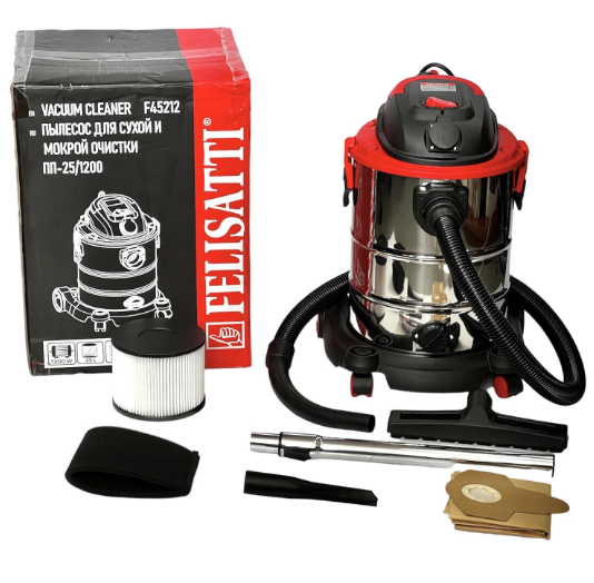 Будівельний пилосос Felisatti ПП-25/1200 F45212,бак 25 л, сила всмоктування 17 кПа, металевий бак, HEPA фільтр