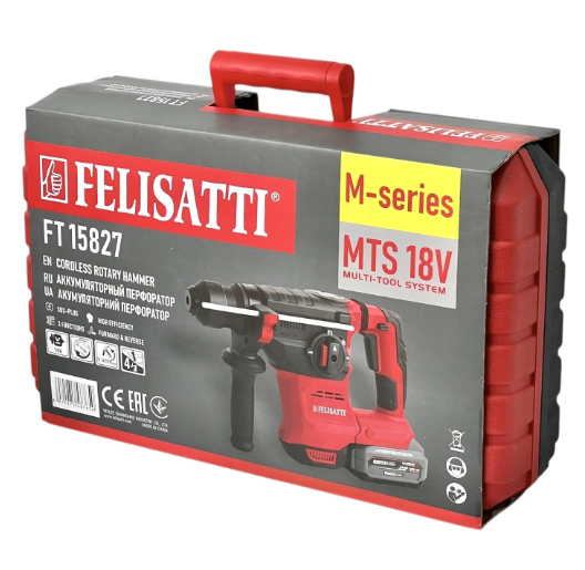 Перфоратор акумуляторний SDS-Plus Felisatti FT15827 ,4.0 Дж  (БЕЗЩІТКОВИЙ ДВИГУН) 0-5200 уд/хв. 60 Nm
