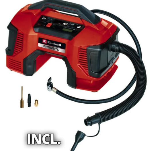 Компресор акумуляторний Einhell PRESSITO 18/21 (4020467) 18 В для авто, велосипеда, м'ячів і матраців. 10,5 бар, 3 адаптери, автостоп